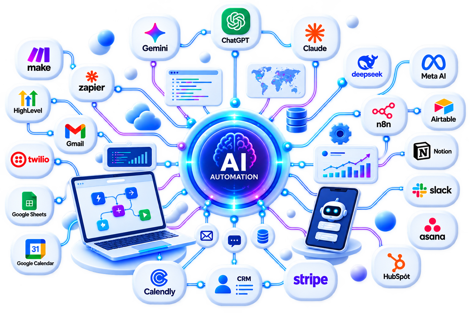 Glowing AI Automation brain hub connected via neon circuit lines to Make, Zapier, n8n, ChatGPT, Claude, Gemini, HubSpot, Calendly, Slack, Stripe and other automation tools